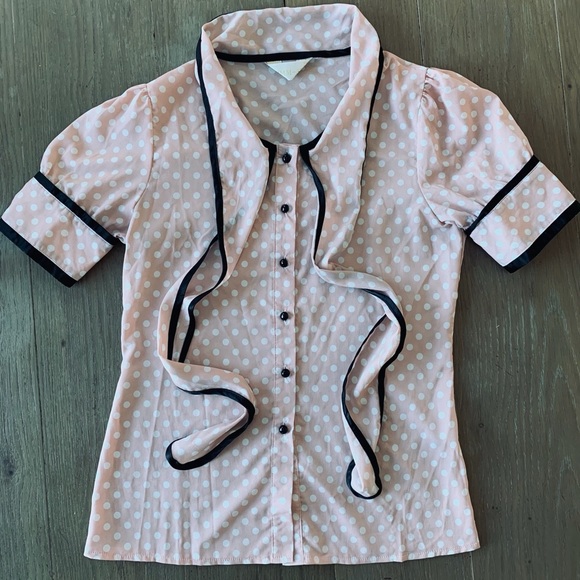 VINTAGE PolkaDot Tie Neck Blouse - Picture 6 of 7